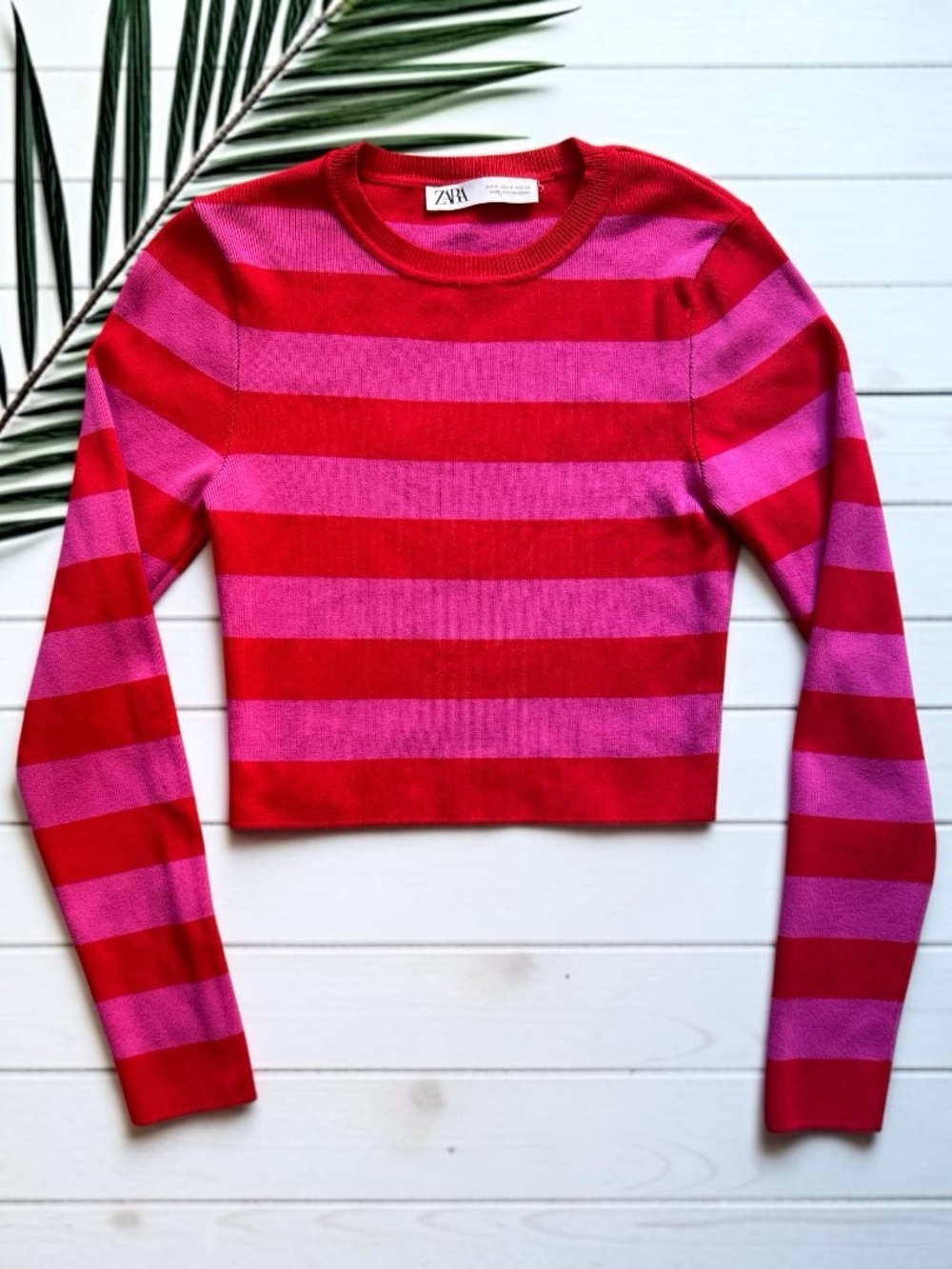 Zara Knit Cropped Sweater Pink Red Stripe Long Sleeve Top Medium